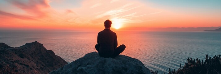 A silhouette of a person in meditation pose sits on a rock, facing a vivid sunset above a tranquil, vast ocean view.