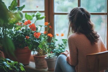 Obraz premium A woman gazes thoughtfully out a window, surrounded by vibrant indoor plants and natural light.