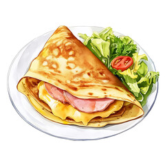 Savory Ham and Cheese Crepe with Salad on a White Plate, Perfect for French Café Menus, White Background, PNG
