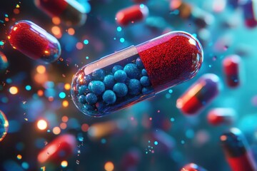 Colorful capsule with blue and red particles floating in a vibrant background