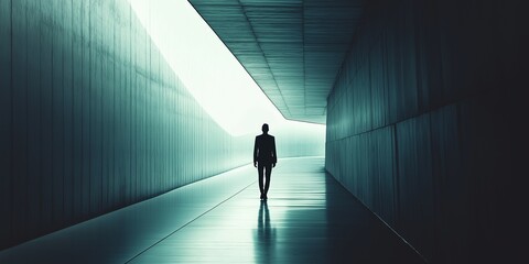 Fototapeta premium A silhouette walks through a long, dimly lit tunnel with soft light, creating a futuristic atmosphere of mystery.