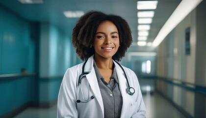 A woman wearing a doctor's coat and stethoscope standing in a hospital smiling at the viewer