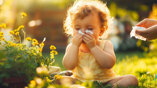 A child sneezing in a sunlit garden, with pollen visible in the air, while a parent offers tissues nearby