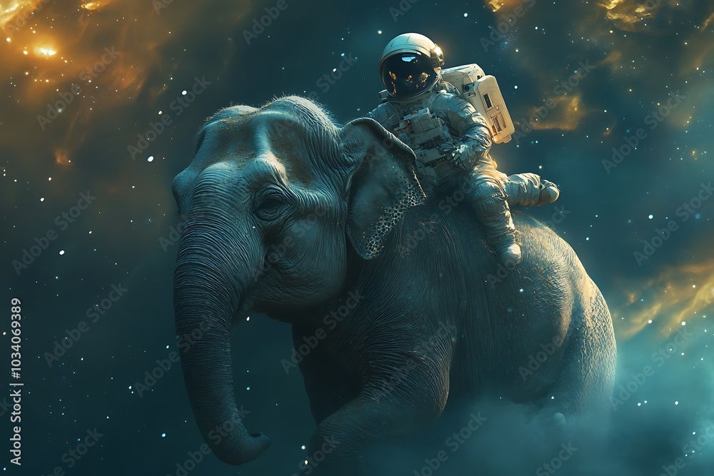 Wall mural an astronaut riding an elephant in a cosmic space setting filled with stars and clouds.