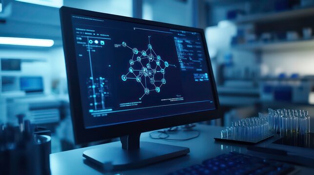 A computer monitor displays a complex network of data points, suggesting scientific research or analysis, with test tubes and other lab equipment in the background.