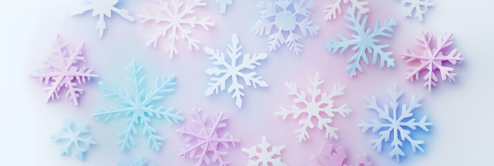 Paper cut snowflakes on pastel solid background. Winter holiday background