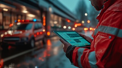 An emergency responder in an orange jacket uses a tablet to review important data while standing on a city street at night, with emergency vehicles illuminated in the background.