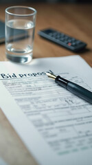 Obraz premium Bid proposal document with fountain pen and glass of water on desk
