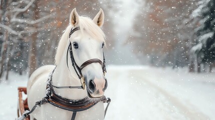 A white horsedrawn sleigh gliding through a snowy forest, softly falling snow, wideangle shot