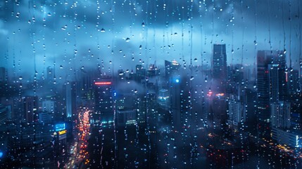 Fototapeta premium Rain Drops on Window City Lights Nighttime View