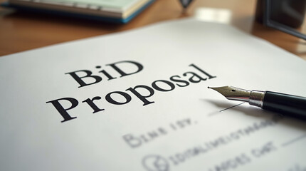 Bid proposal document with fountain pen on desk