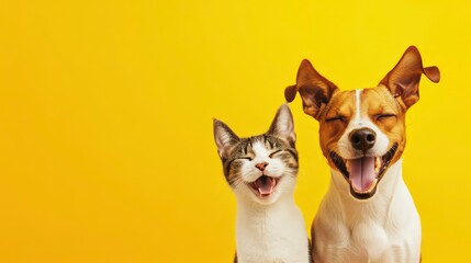 A cat and a dog smiling together against a bright yellow background.