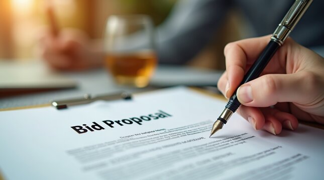 Close-up of bid proposal document with pen and glass in background