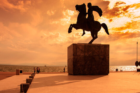 The monument in honor of Alexander the Great, a bronze equestrian statue of Alexander the Great on his horse Bucephalus, built by sculptor Vangelis Moustakas in 1974. Greece, June 2014