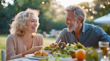 A joyful middle-aged couple shares laughter and a healthy meal outdoors