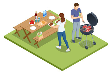 Isometric BBQ scene featuring a grill with various meats and vegetables cooking over an open flame. Outdoor barbecue, perfect for gatherings and casual summer cooking. Barbecue party by the pool.