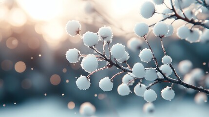 Frosted white berries glowing in morning light, snow softly falling, closeup, high detail