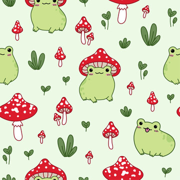 Seamless pattern with cute frog and fly agaric. Hand drawn vector illustration. Doodle cartoon style.