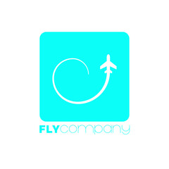 The logo consists of a turquoise square with a white airplane flying in an arcuate trajectory inside. The words FLY company are written under the square.