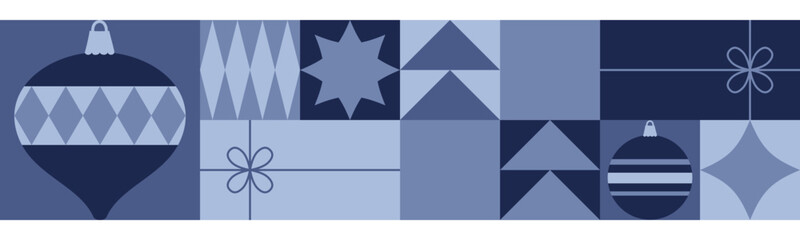 Christmas seamless border with geometric elements and christmas decoration in blue colors. Flat style. Template for winter holidays design