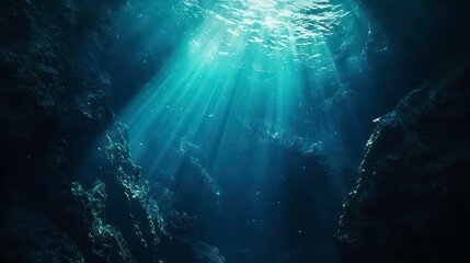 Underwater cave with sunlight beams shining through the water.