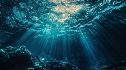 Underwater scene with sunbeams shining through the water, illuminating the dark ocean floor.