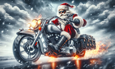 Nikolaus , Weihnachtsmann auf einem schnellen Motorrad, copy space