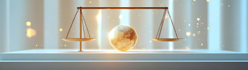 Balancing Profit and Planet: Holographic Scales with Gold Coin & Miniature Earth Concept in Sustainable Business Practices - Photo Stock