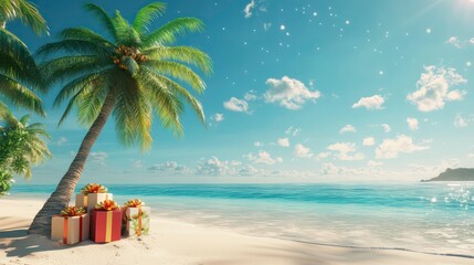 Obraz premium Christmas gifts on a tropical beach under a palm tree.