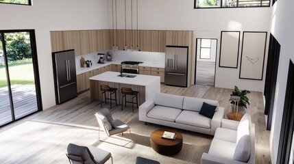 Fototapeta premium Stylish modern kitchen and living room design featuring natural light and contemporary furnishings for a cozy atmosphere