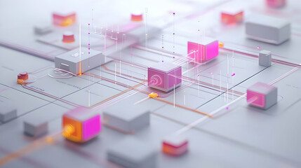Fototapeta premium 3D Holographic Campaign Finance Flowchart Concept: Wide Shot of a Complex Flowchart with Glowing Arrows and Floating Dollar Symbols on a Clean Background
