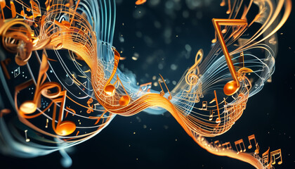 Colorful musical notes and flowing sound waves create a vibrant composition, illustrating the dynamic interaction of music and rhythm in a digital artwork