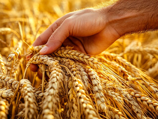 Hands touching ears of ripe wheat. Bright sunny day