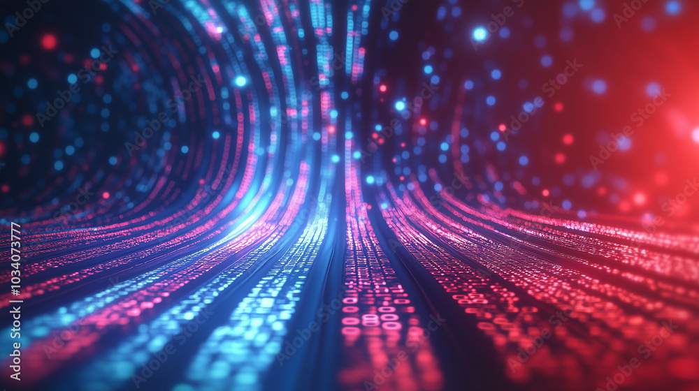 Poster Abstract background of digital data streams and binary code, highlighted by dynamic red light rays, blue glow, and moving bokeh lights. This futuristic cyber space design reflects the concept of digit