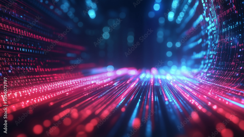 Leinwandbilder Abstract background of digital data streams and binary code, highlighted by dynamic red light rays, blue glow, and moving bokeh lights. This futuristic cyber space design reflects the concept of digit