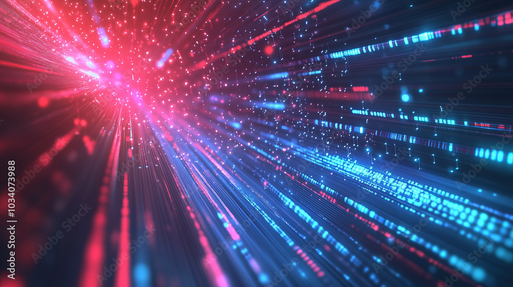 Leinwandbilder Abstract background of digital data streams and binary code, highlighted by dynamic red light rays, blue glow, and moving bokeh lights. This futuristic cyber space design reflects the concept of digit