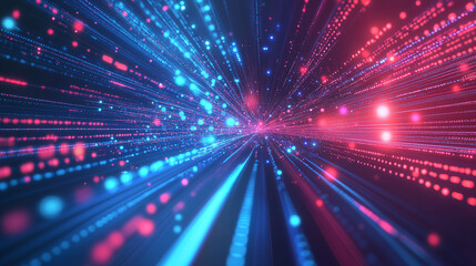 Fototapeta premium Abstract background of digital data streams and binary code, highlighted by dynamic red light rays, blue glow, and moving bokeh lights. This futuristic cyber space design reflects the concept of digit