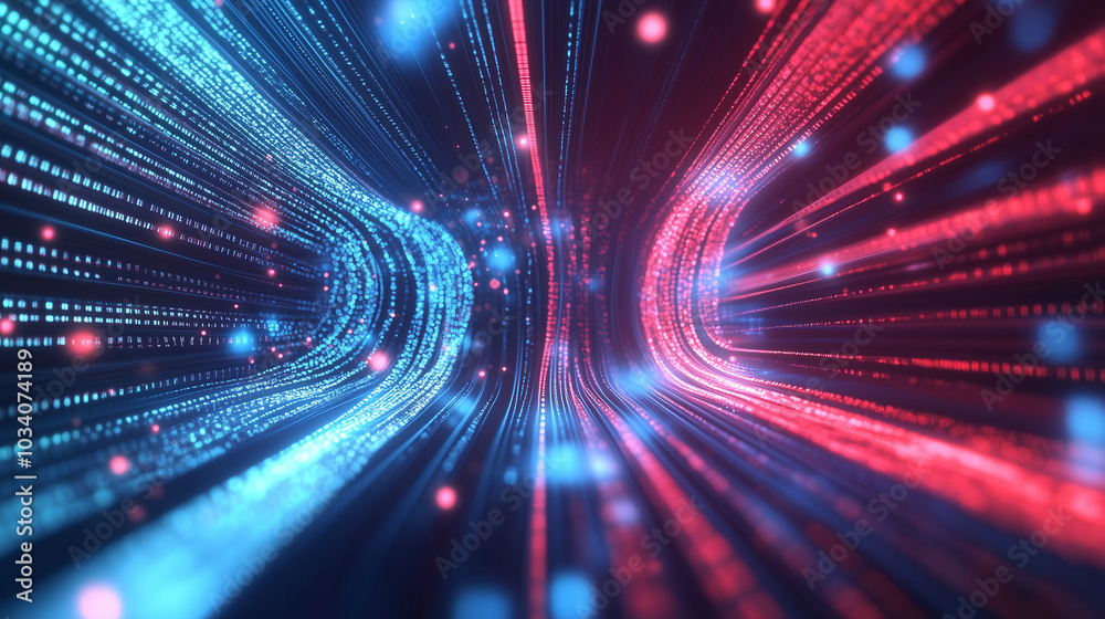 Leinwandbilder Abstract background of digital data streams and binary code, highlighted by dynamic red light rays, blue glow, and moving bokeh lights. This futuristic cyber space design reflects the concept of digit