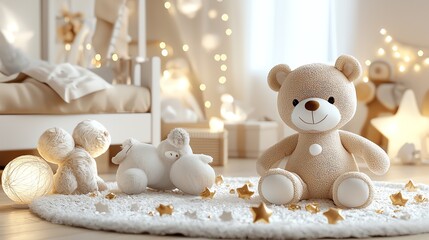 Nursery with soft Christmas lights and plush toys, festive and cozy, 3D illustration