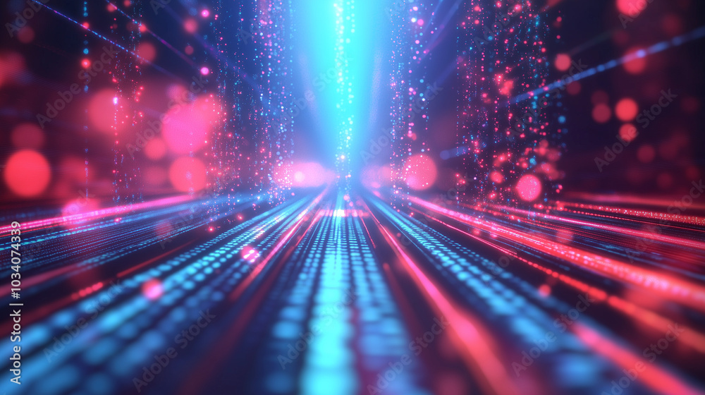 Leinwandbilder Abstract background of digital data streams and binary code, highlighted by dynamic red light rays, blue glow, and moving bokeh lights. This futuristic cyber space design reflects the concept of digit