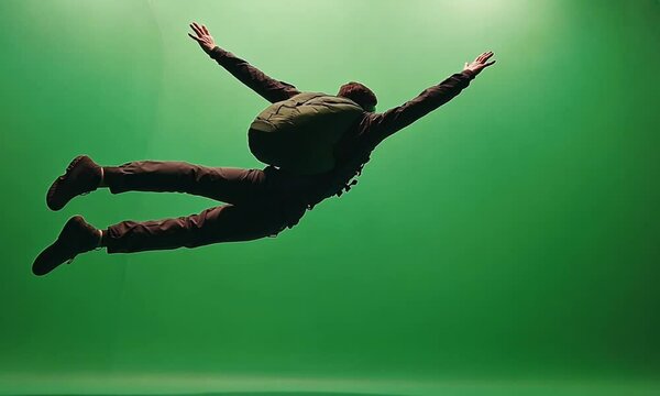 Skydiver in mid-air with green screen background