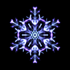 Blue glowing transparent snowflake, isolated icon. Merry Christmas and Happy New Year. Simple neon light. Shining winter, xmas lamp. Fluorescent, luminescent illumination.