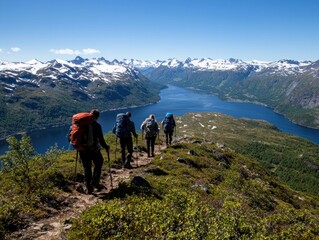 Obraz premium A group of adventurous hikers trekking through a stunning mountain landscape with a serene lake in the background on a bright sunny day