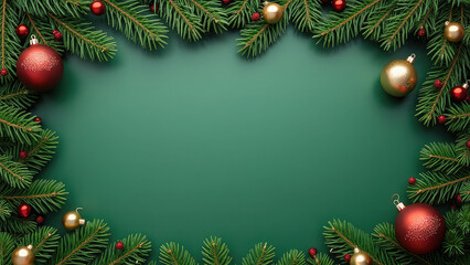 Photorealistic Christmas decorations, featuring festive branches and ornaments on a glossy green background with ample copy space. A serene, holiday ambiance with a clean, elegant presentation