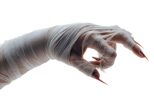 Hand have dirty bandages on them Halloween concept, isolate on white background, cut out png.