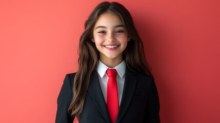 A confident young girl dressed in a black suit with a vibrant red tie, radiating joy and positivity.