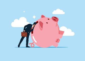 Businessman entering into a through the piggy bank. Stealing money. Reads other people's money. Flat line isolated vector.