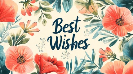 A floral frame with the words 'Best Wishes' in a dark blue script font. There are light pink and orange flowers, dark green leaves, and a creamy white background.