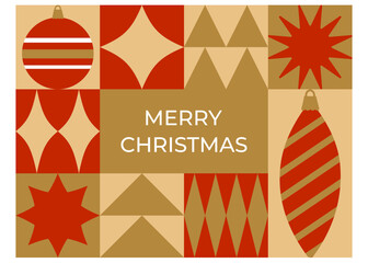 Merry Christmas card with red and gold geometric holiday ornaments. Template for winter holidays design