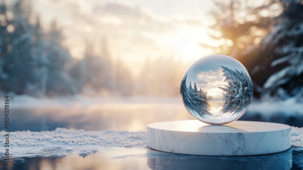Aufkleber a crystal sphere sits on a marble base, capturing the tranquil beauty of a snowy landscape at dawn. 